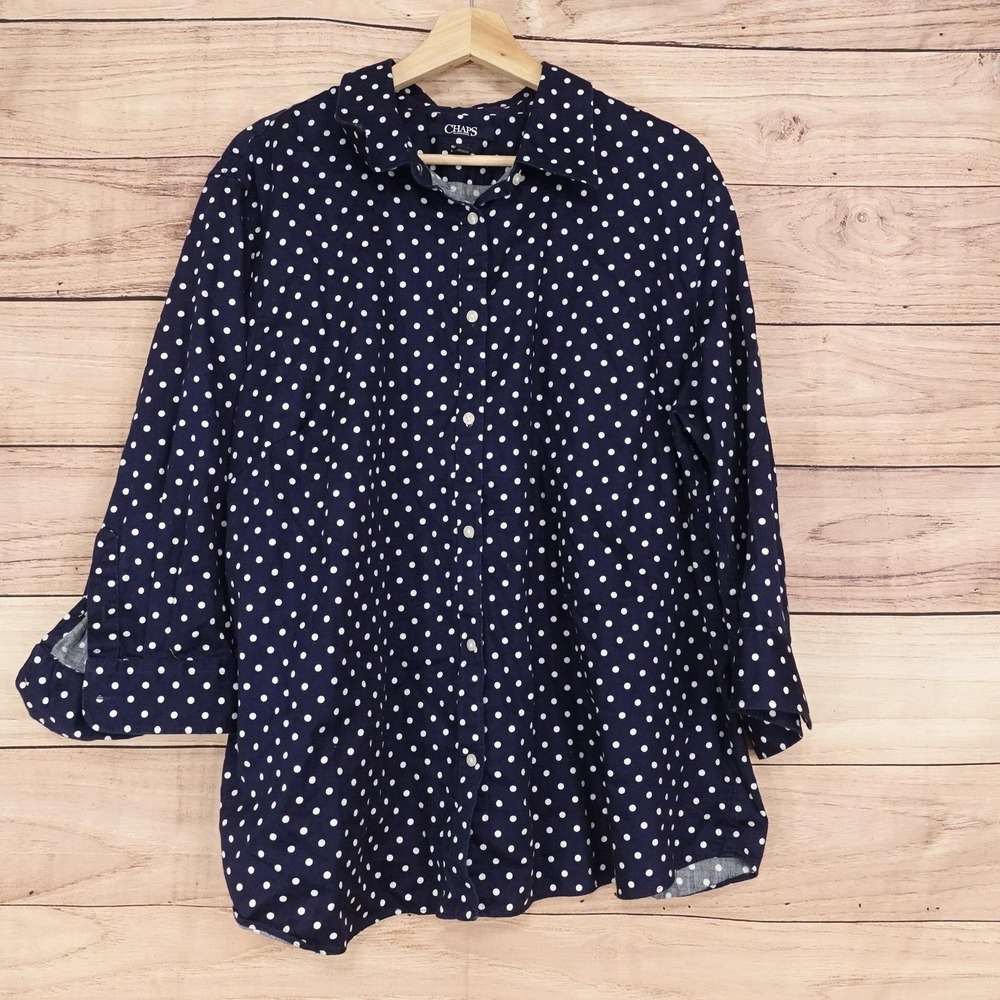 Chaps Button-Up Womens 3X 3XL Blue Polka Dot Collared 3/4 Sleeve Top Non Iron